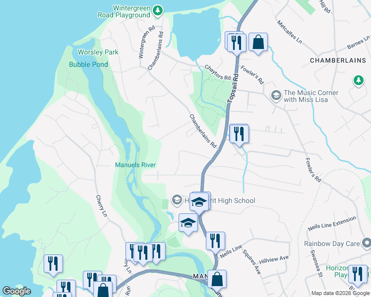 map of restaurants, bars, coffee shops, grocery stores, and more near 20 Mercers Road in Conception Bay South