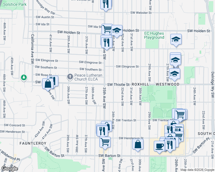 map of restaurants, bars, coffee shops, grocery stores, and more near 8424 35th Avenue Southwest in Seattle