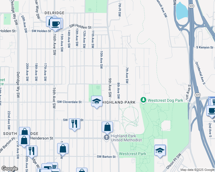 map of restaurants, bars, coffee shops, grocery stores, and more near 8426 10th Avenue Southwest in Seattle