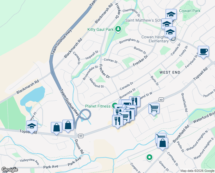 map of restaurants, bars, coffee shops, grocery stores, and more near 10 Markland Street in St. John's