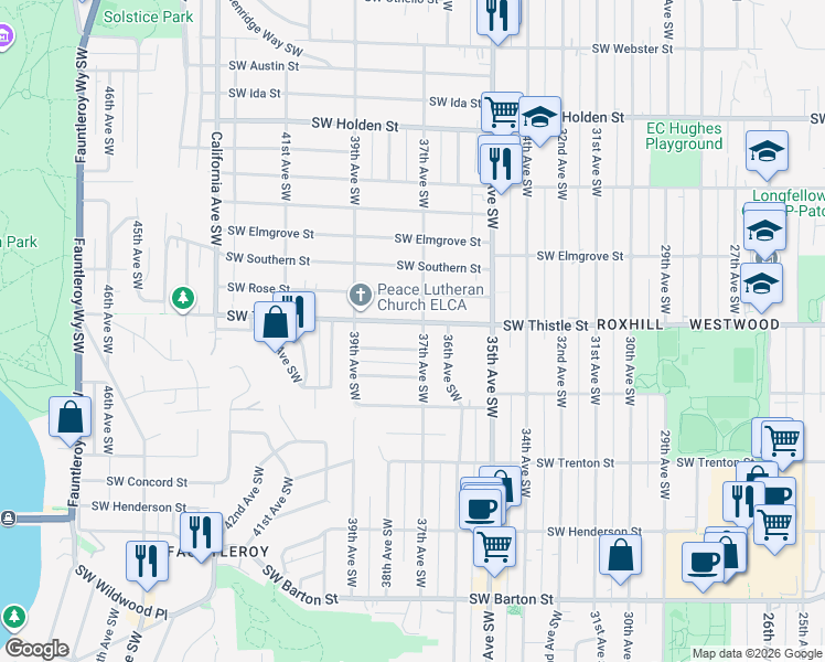 map of restaurants, bars, coffee shops, grocery stores, and more near 8502 37th Avenue Southwest in Seattle