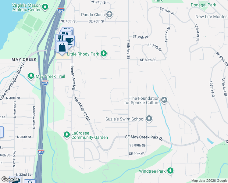 map of restaurants, bars, coffee shops, grocery stores, and more near 8409 116th Avenue Southeast in Newcastle
