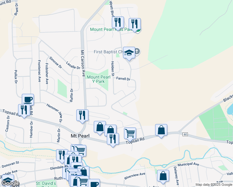 map of restaurants, bars, coffee shops, grocery stores, and more near 13 Ingerman Street in Mount Pearl