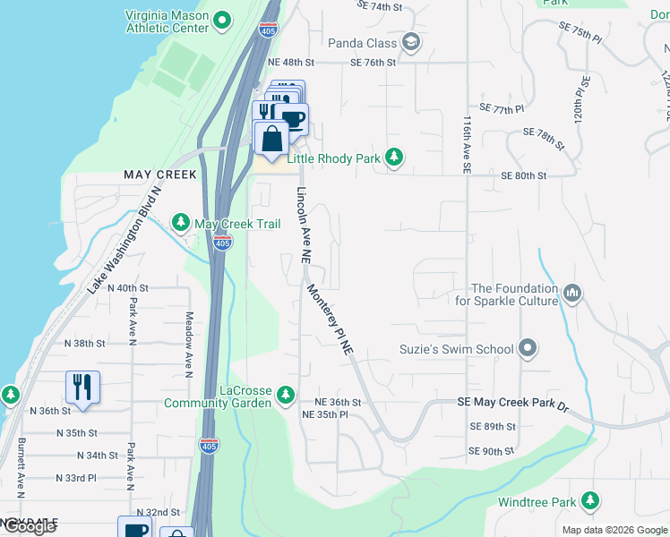 map of restaurants, bars, coffee shops, grocery stores, and more near 4039 Aberdeen Way Northeast in Renton