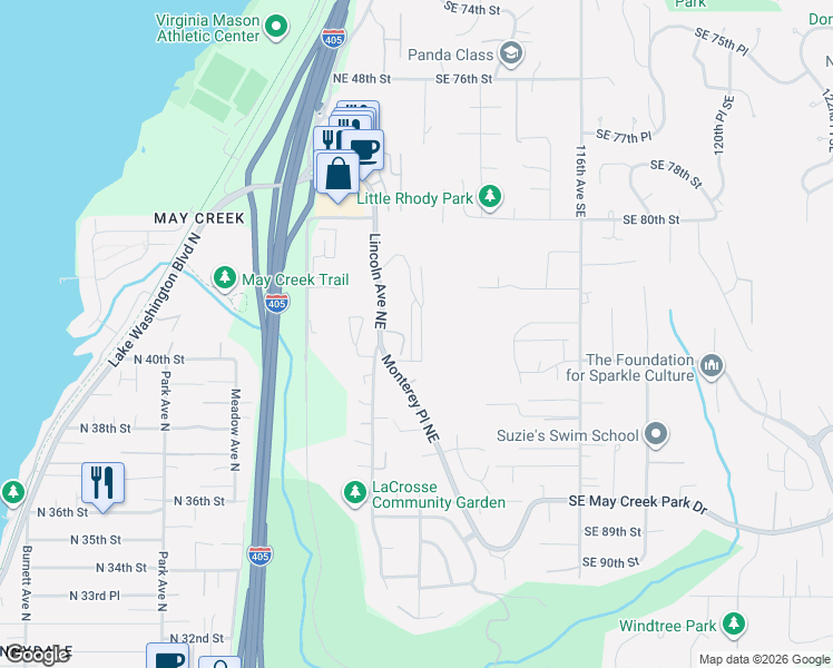 map of restaurants, bars, coffee shops, grocery stores, and more near 4039 Aberdeen Way Northeast in Renton