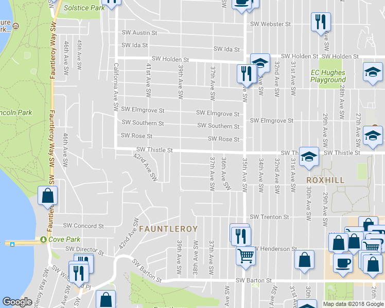 map of restaurants, bars, coffee shops, grocery stores, and more near 3739 Southwest Thistle Street in Seattle