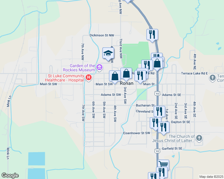 map of restaurants, bars, coffee shops, grocery stores, and more near 407 Adams Street Southwest in Ronan