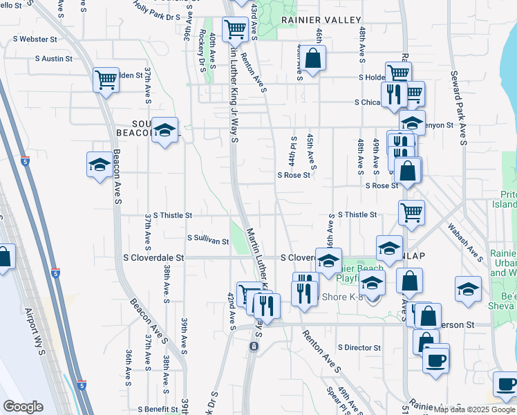 map of restaurants, bars, coffee shops, grocery stores, and more near 8411 44th Avenue South in Seattle