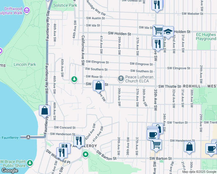 map of restaurants, bars, coffee shops, grocery stores, and more near 8436 41st Avenue Southwest in Seattle