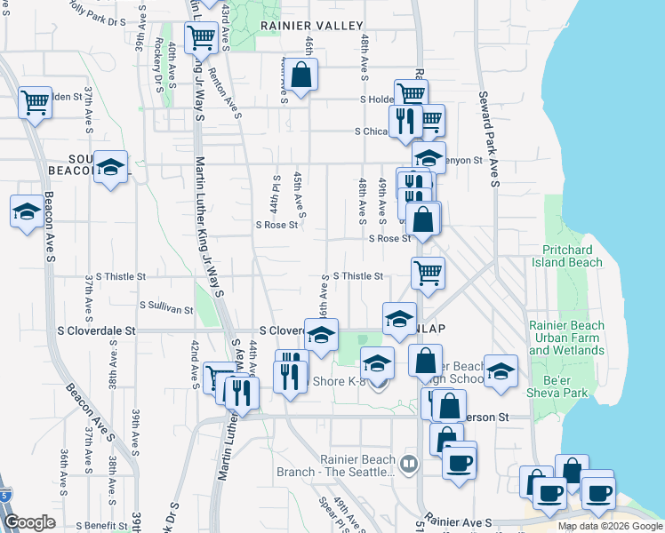 map of restaurants, bars, coffee shops, grocery stores, and more near 8411 47th Avenue South in Seattle