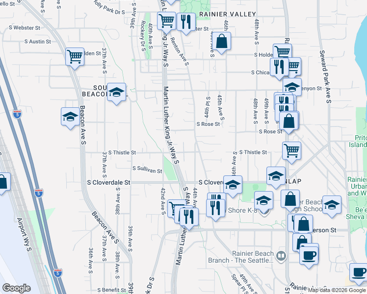 map of restaurants, bars, coffee shops, grocery stores, and more near 8411 44th Avenue South in Seattle