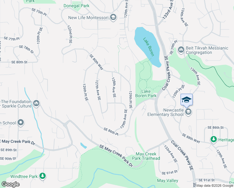 map of restaurants, bars, coffee shops, grocery stores, and more near 8226 128th Avenue Southeast in Newcastle