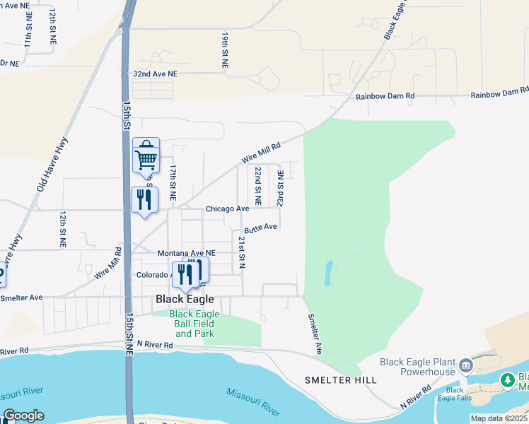map of restaurants, bars, coffee shops, grocery stores, and more near 2206 Chicago Avenue in Black Eagle