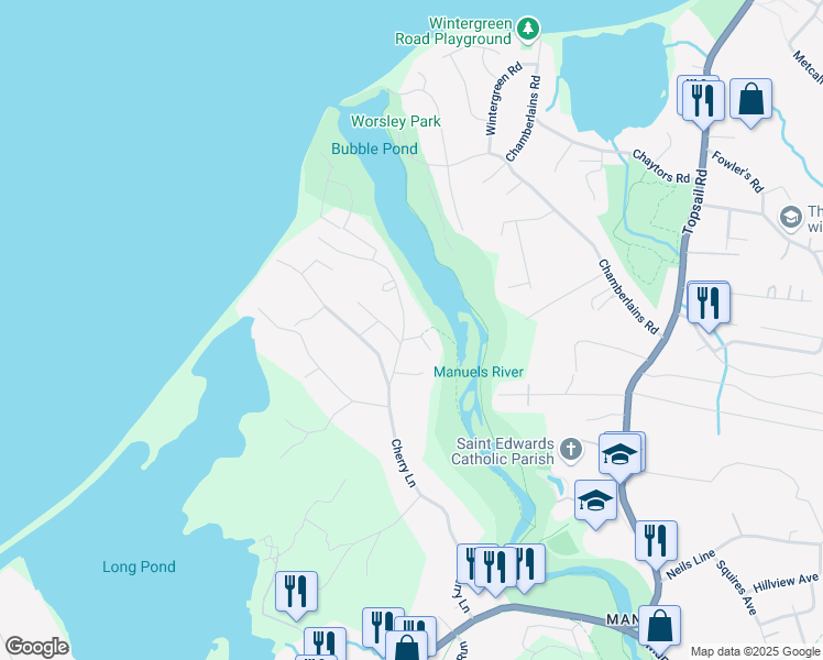 map of restaurants, bars, coffee shops, grocery stores, and more near 20 Flats Road in Conception Bay South