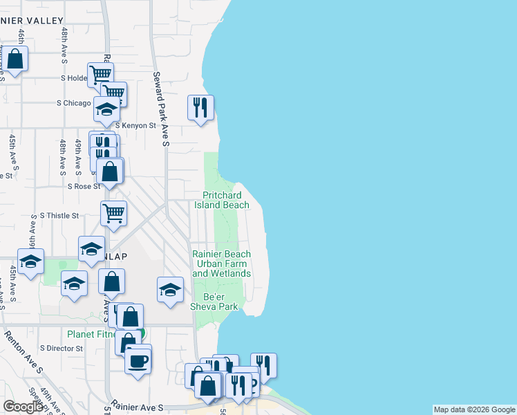 map of restaurants, bars, coffee shops, grocery stores, and more near 8450 Island Drive South in Seattle