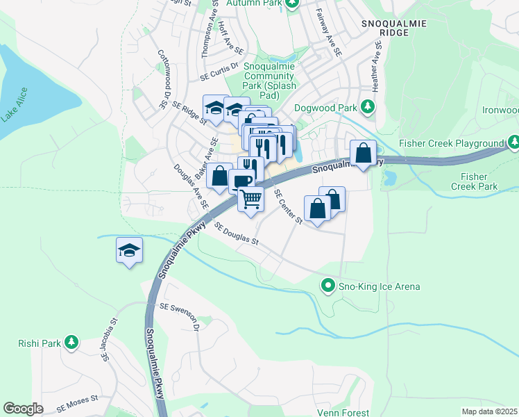 map of restaurants, bars, coffee shops, grocery stores, and more near 35013 Snoqualmie Parkway in Snoqualmie