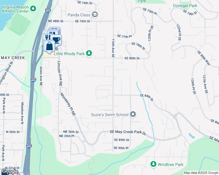 map of restaurants, bars, coffee shops, grocery stores, and more near 11556 Southeast 83rd Place in Newcastle