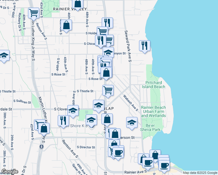 map of restaurants, bars, coffee shops, grocery stores, and more near 5103 South Rose Street in Seattle