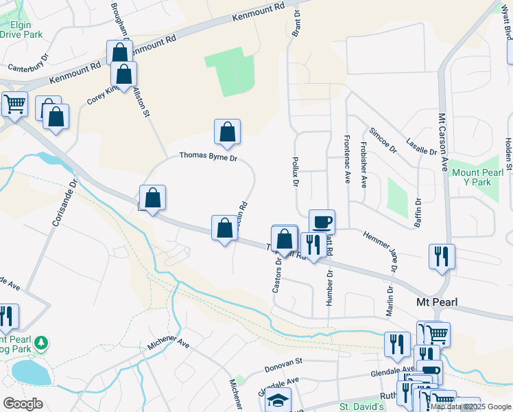 map of restaurants, bars, coffee shops, grocery stores, and more near 6 Beclin Road in Mount Pearl