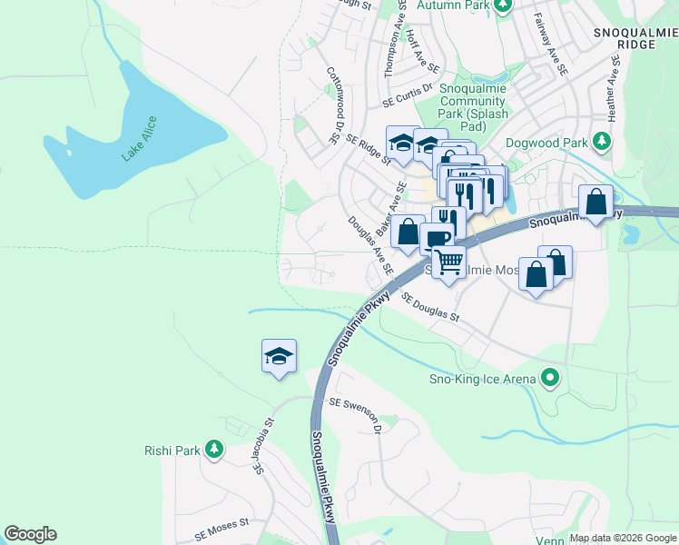 map of restaurants, bars, coffee shops, grocery stores, and more near 34608 Southeast Osprey Court in Snoqualmie