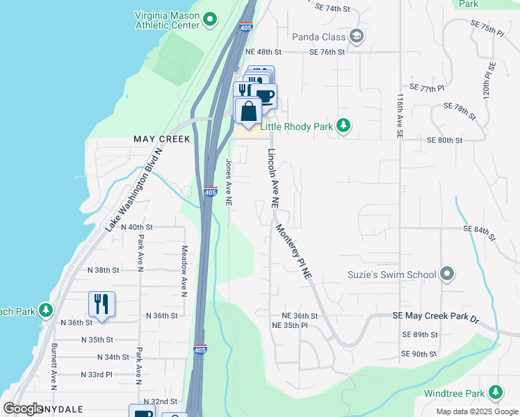 map of restaurants, bars, coffee shops, grocery stores, and more near 1800 Northeast 40th Street in Renton