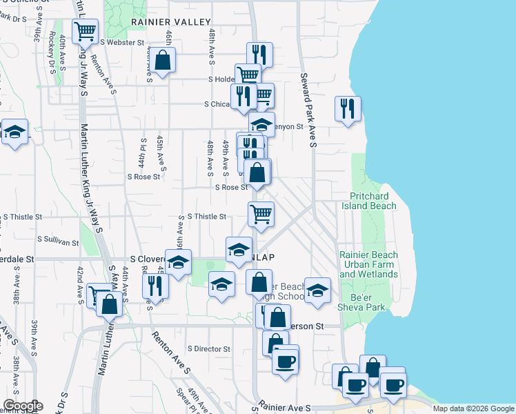 map of restaurants, bars, coffee shops, grocery stores, and more near 5103 South Rose Street in Seattle