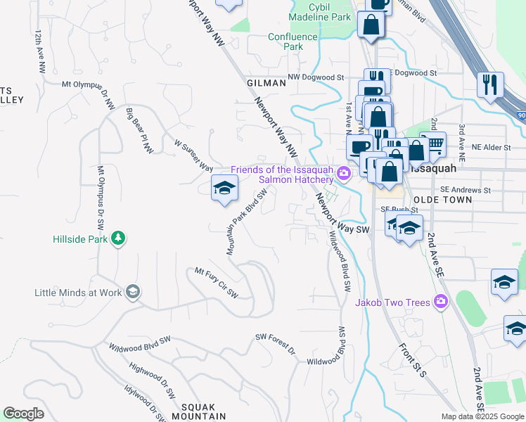 map of restaurants, bars, coffee shops, grocery stores, and more near 201 Mountain Park Boulevard SouthWest in Issaquah