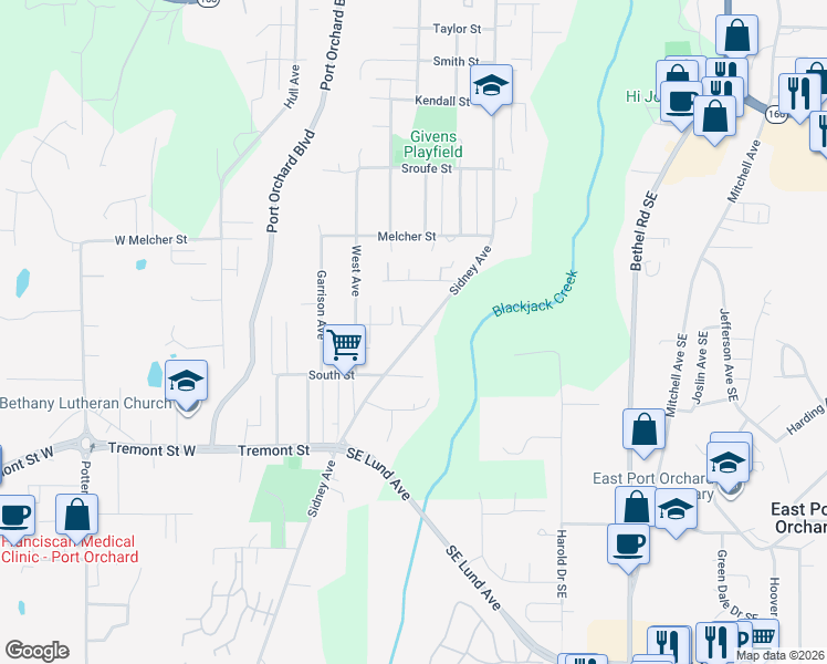 map of restaurants, bars, coffee shops, grocery stores, and more near 1326 Sidney Avenue in Port Orchard
