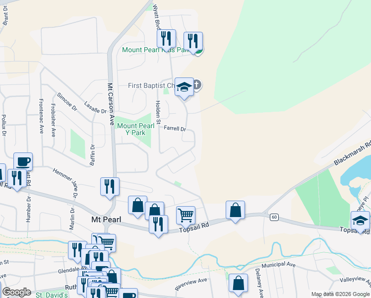 map of restaurants, bars, coffee shops, grocery stores, and more near 99 Farrell Drive in Mount Pearl