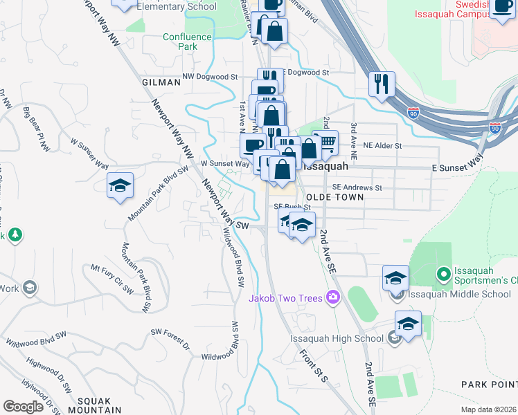 map of restaurants, bars, coffee shops, grocery stores, and more near 124 Front Street South in Issaquah