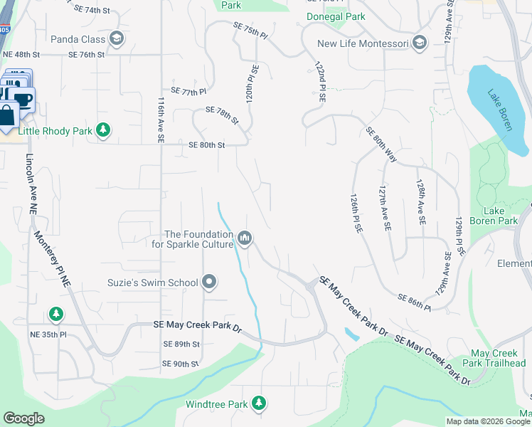 map of restaurants, bars, coffee shops, grocery stores, and more near 8302 121st Avenue Southeast in Newcastle
