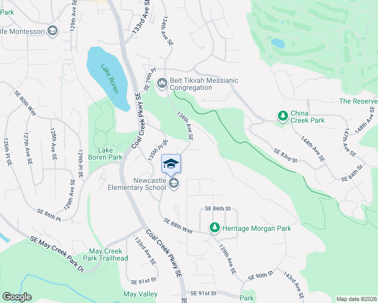 map of restaurants, bars, coffee shops, grocery stores, and more near 13647 Southeast 83rd Court in Newcastle