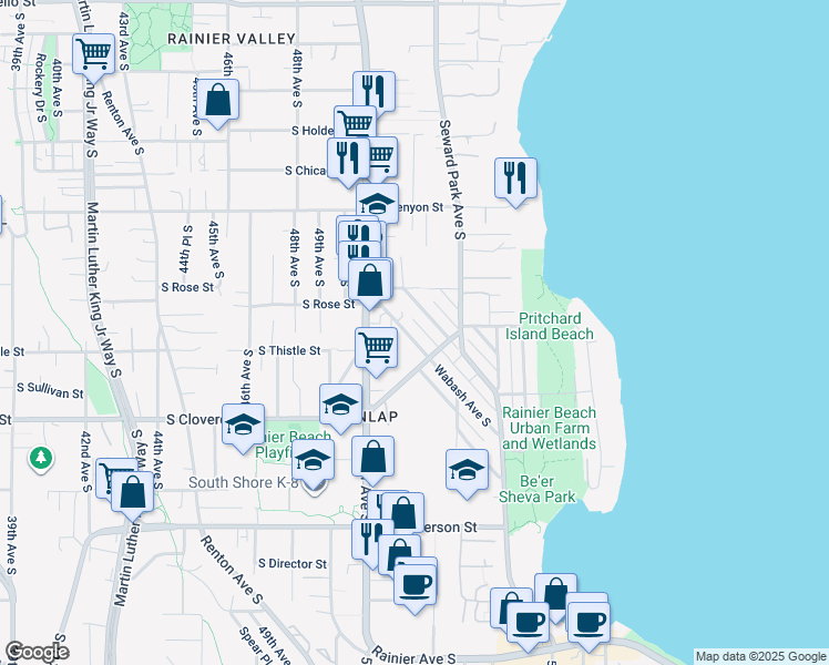 map of restaurants, bars, coffee shops, grocery stores, and more near 8323 Wolcott Avenue South in Seattle