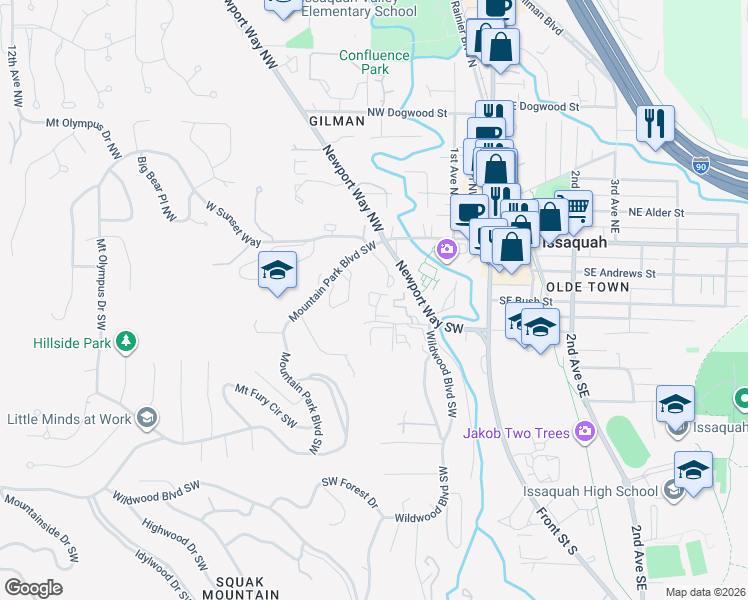 map of restaurants, bars, coffee shops, grocery stores, and more near 280 Southwest Clark Street in Issaquah