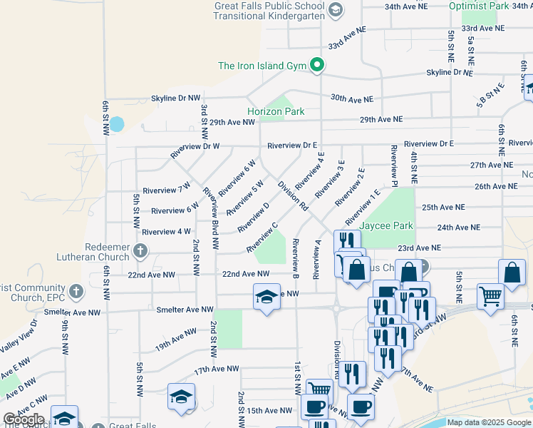 map of restaurants, bars, coffee shops, grocery stores, and more near 117 Riverview D in Great Falls