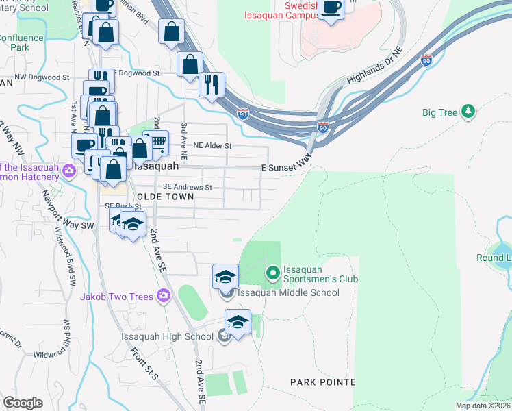 map of restaurants, bars, coffee shops, grocery stores, and more near 585 Southeast Andrews Street in Issaquah