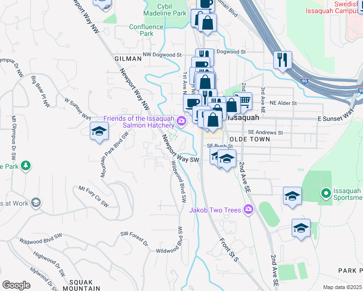 map of restaurants, bars, coffee shops, grocery stores, and more near 120 Newport Way Southwest in Issaquah