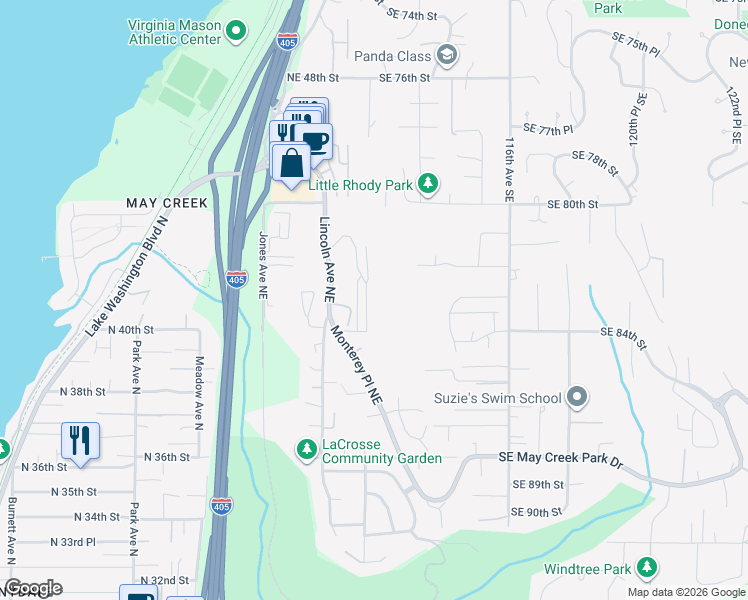 map of restaurants, bars, coffee shops, grocery stores, and more near 4130 Lincoln Avenue Northeast in Renton