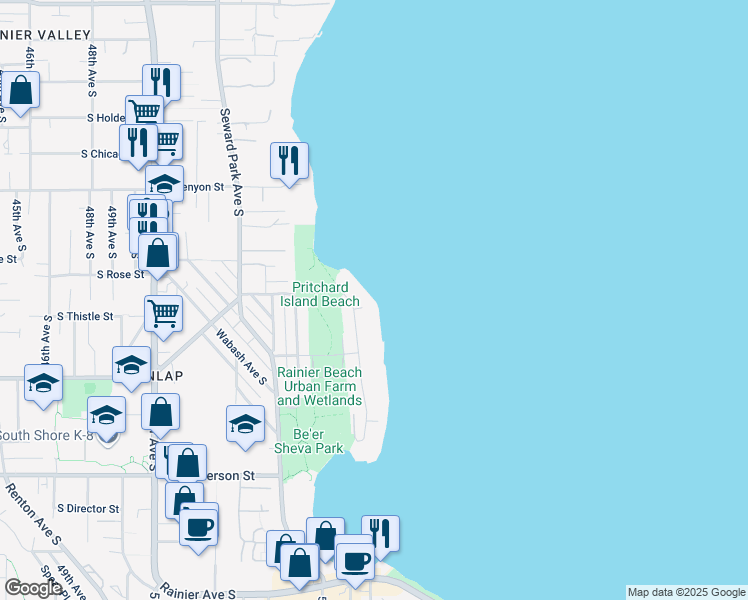 map of restaurants, bars, coffee shops, grocery stores, and more near 8414 Island Drive South in Seattle