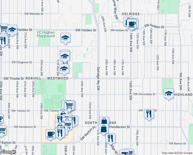 map of restaurants, bars, coffee shops, grocery stores, and more near 8135 Delridge Way Southwest in Seattle