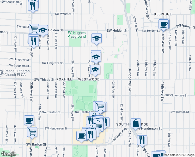 map of restaurants, bars, coffee shops, grocery stores, and more near 2500 Southwest Thistle Street in Seattle