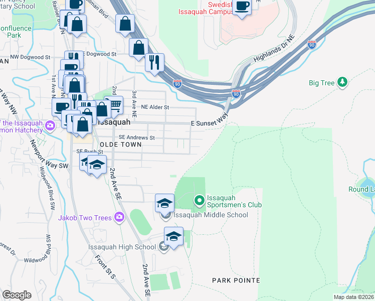 map of restaurants, bars, coffee shops, grocery stores, and more near 585 Southeast Andrews Street in Issaquah