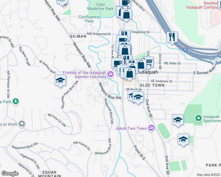map of restaurants, bars, coffee shops, grocery stores, and more near 120 Newport Way Southwest in Issaquah