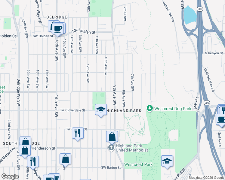 map of restaurants, bars, coffee shops, grocery stores, and more near 8138 10th Avenue Southwest in Seattle