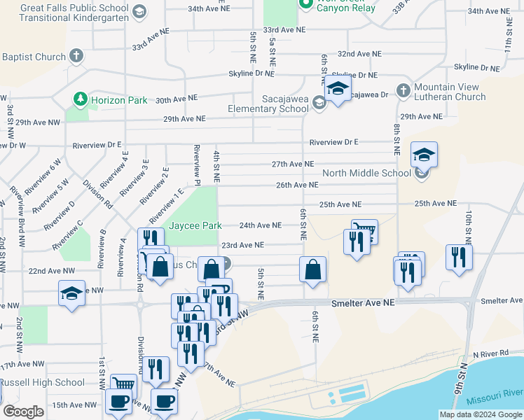 map of restaurants, bars, coffee shops, grocery stores, and more near 500 25th Avenue Northeast in Great Falls