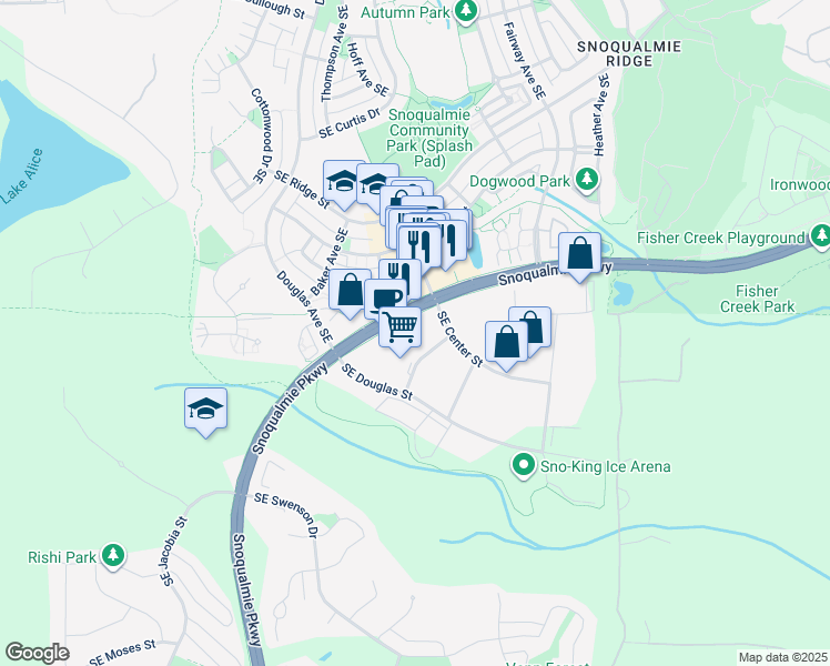 map of restaurants, bars, coffee shops, grocery stores, and more near 35013 Snoqualmie Parkway in Snoqualmie