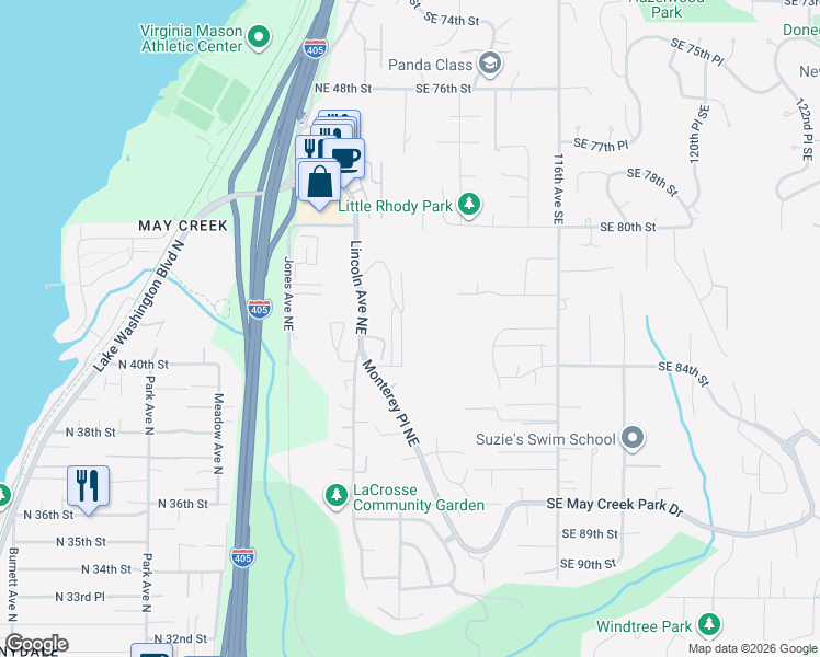 map of restaurants, bars, coffee shops, grocery stores, and more near 4130 Lincoln Avenue Northeast in Renton