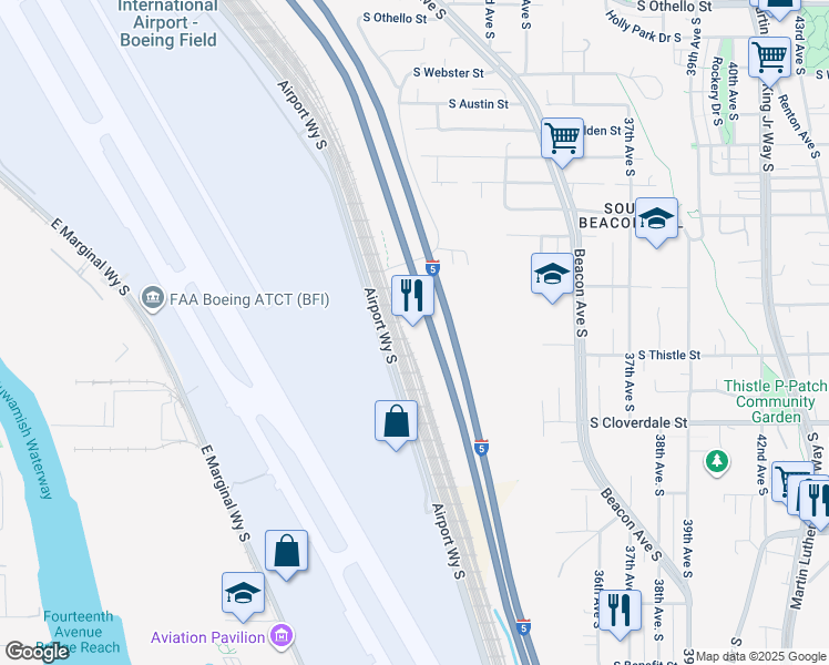 map of restaurants, bars, coffee shops, grocery stores, and more near 8300 Military Road South in Seattle