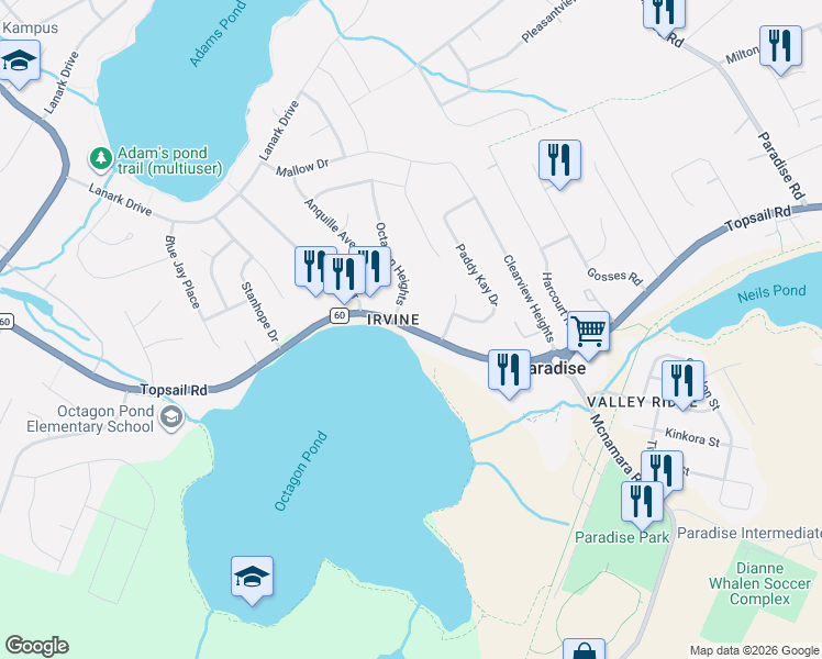map of restaurants, bars, coffee shops, grocery stores, and more near 1809 Topsail Road in Paradise