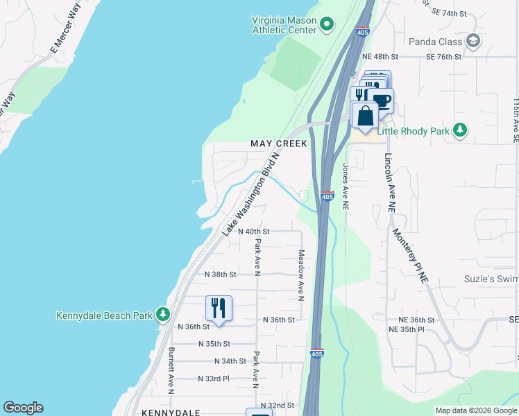 map of restaurants, bars, coffee shops, grocery stores, and more near 4100 Lake Washington Boulevard North in Renton